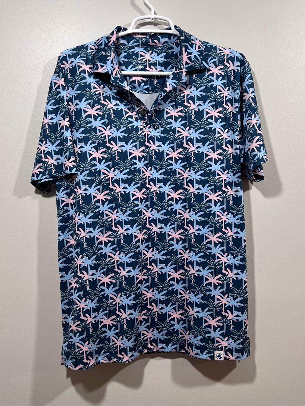 Southern Proper Navy Polo with Pink & Light Blue Palm Print Size Small